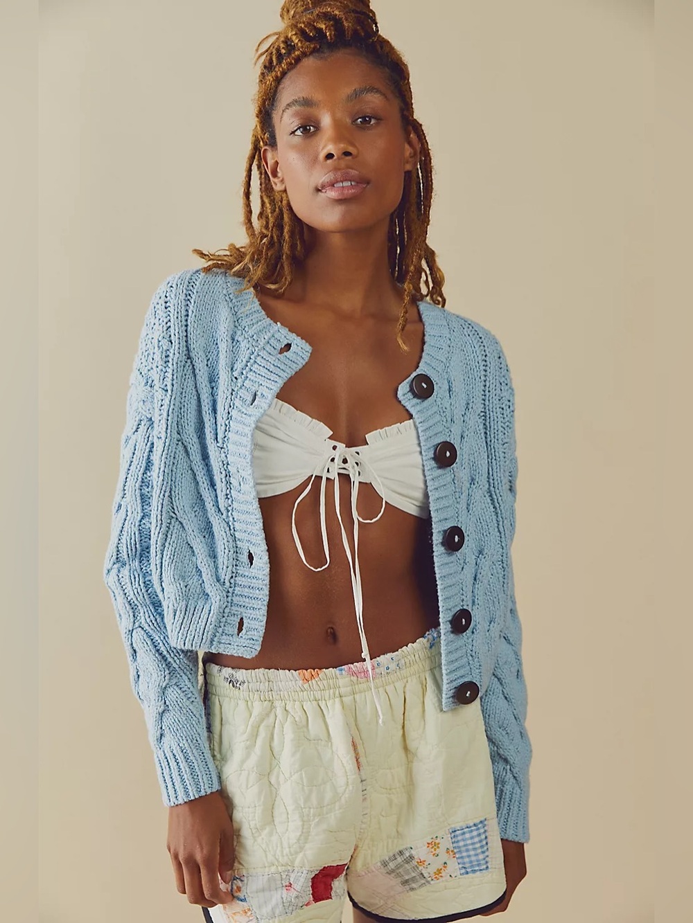 Free People Bonfire Cable Knit Cardi in Blue XL